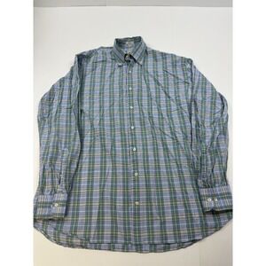 Peter Millar Mens Large Button Down Long Sleeve Plaid Cotton Blue Green